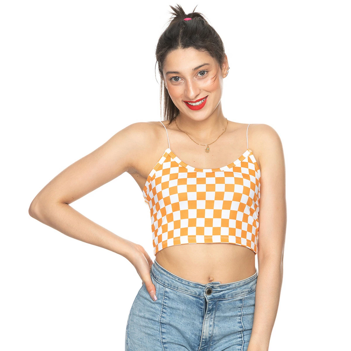 Skinny Strap Checkerboard Crop Tank 1 Skinny Strap Checkerboard Crop Tank